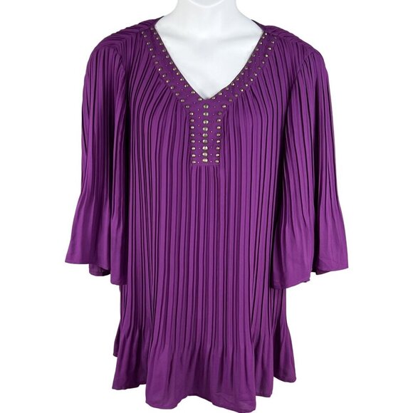 Woman Within NEW 2X 26-28 Purple Pleated Top Studded Bell Sleeves Fairycore - Picture 2 of 16